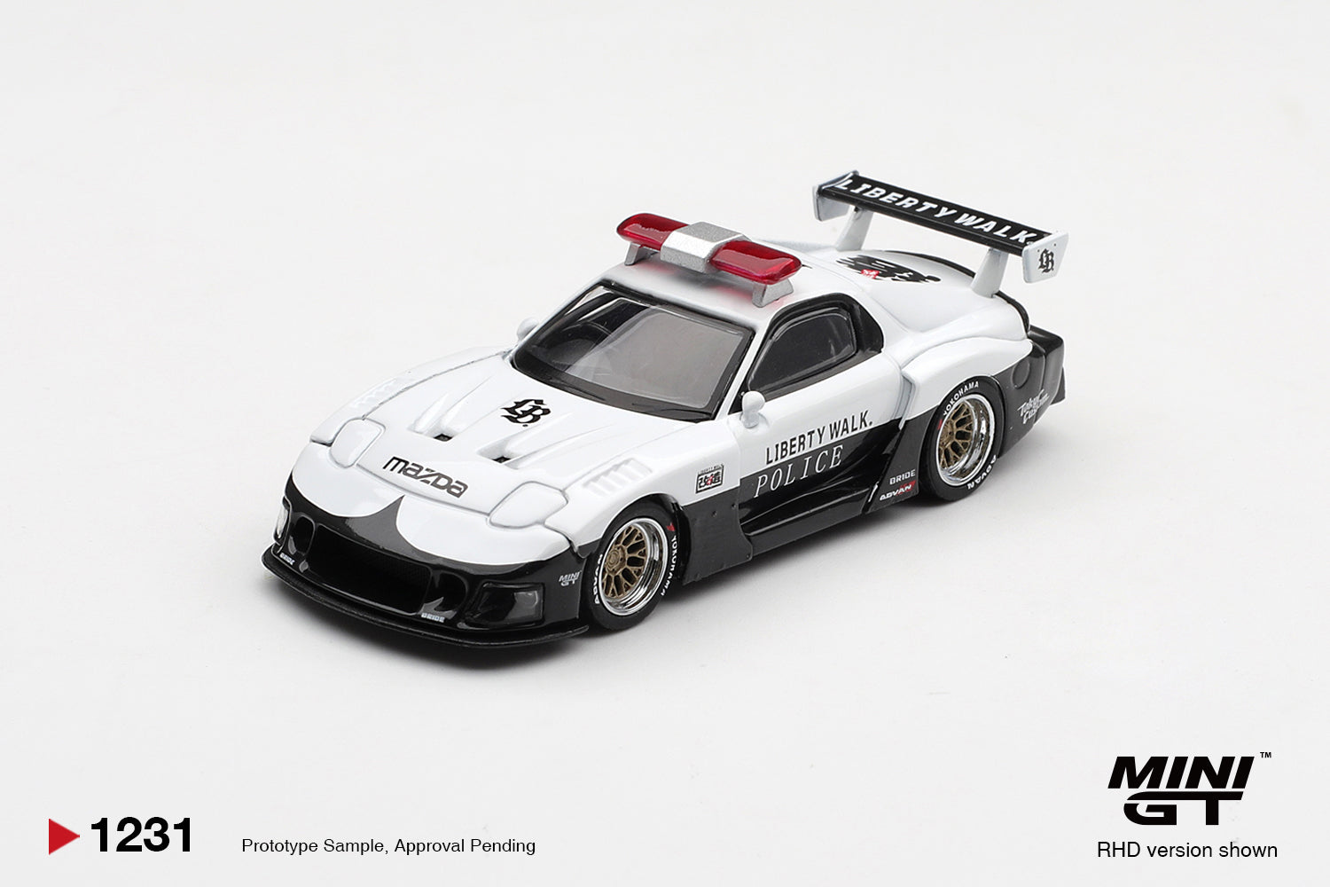 Mini GT Mazda RX7 LB Super Silhouette Police 1998 1:64 diecast model. Front