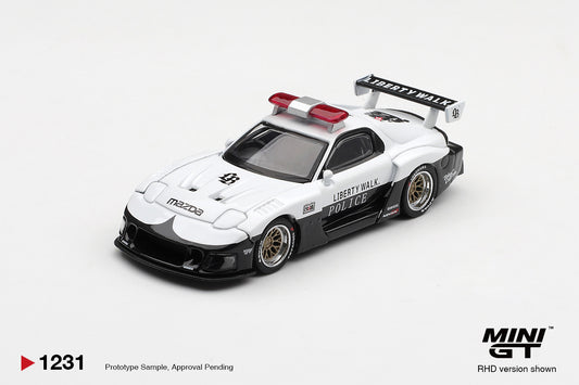 Mini GT Mazda RX7 LB Super Silhouette Police 1998 1:64 diecast model. Front