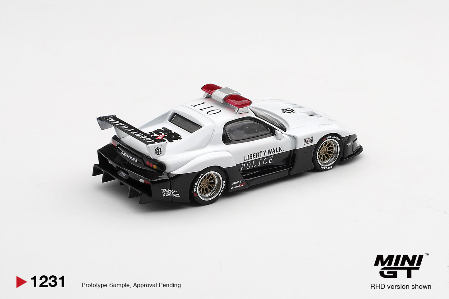 Mini GT Mazda RX7 LB Super Silhouette Police 1998 1:64 diecast model. Back