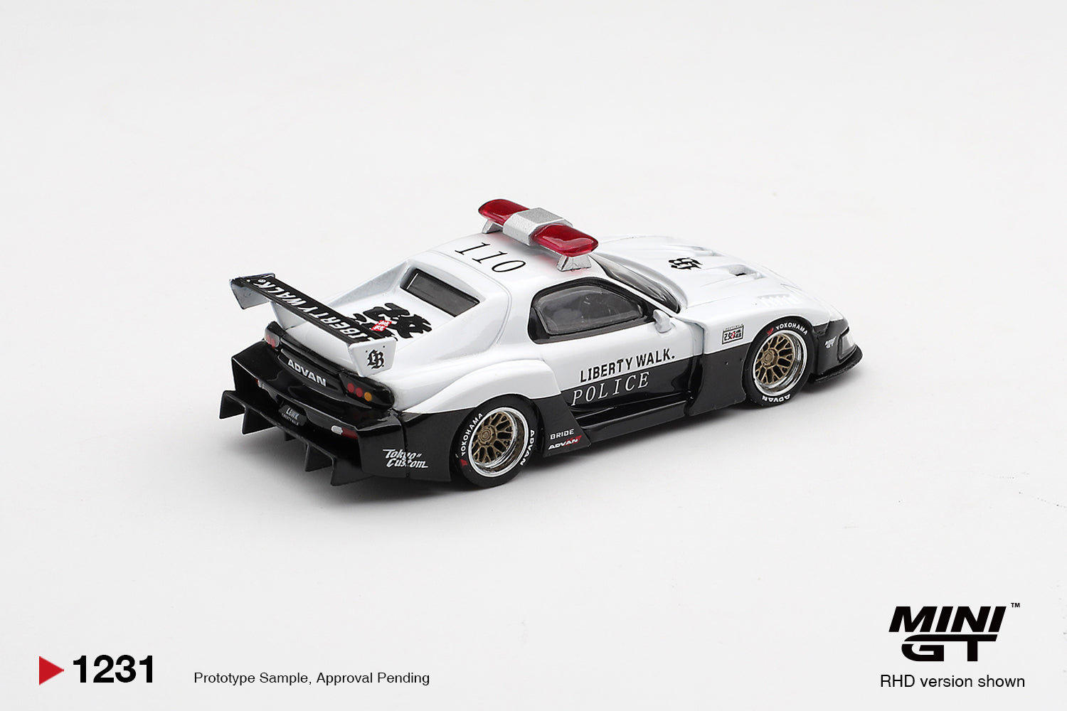 Mini GT Mazda RX7 LB Super Silhouette Police 1998 1:64 diecast model. Back