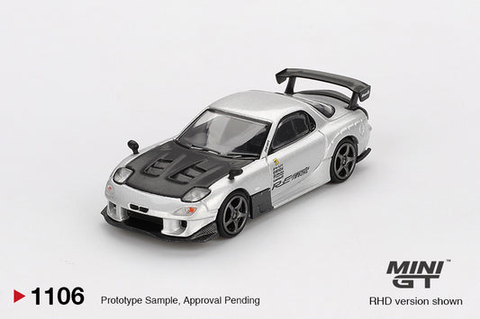 Mini GT Mazda RX-7 FD3S RE-Amemiya 2004 in Silver Metallic, 1:64 diecast model featuring widebody kit, detailed wheels, and aerodynamic design. Front