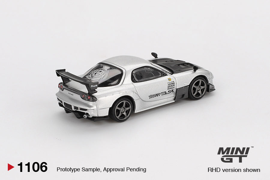 Mini GT Mazda RX-7 FD3S RE-Amemiya 2004 in Silver Metallic, 1:64 diecast model featuring widebody kit, detailed wheels, and aerodynamic design. Back