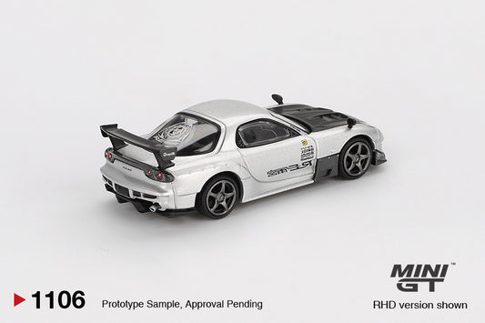 Mini GT Mazda RX-7 FD3S RE-Amemiya 2004 in Silver Metallic, 1:64 diecast model featuring widebody kit, detailed wheels, and aerodynamic design. Back