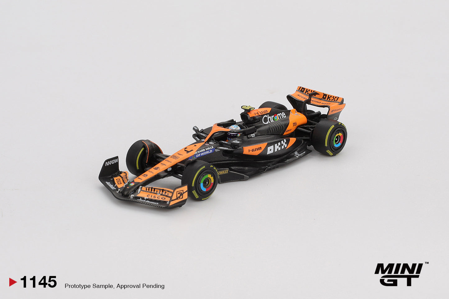 1:64 Mini GT McLaren MCL38 #4 Lando Norris Hungarian F1 GP Winner 2024 – papaya orange die-cast model. Front