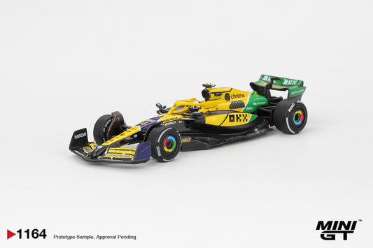 1:64 Mini GT McLaren MCL38 #4 Lando Norris Monaco GP 2024 – special livery die-cast F1 model. Front
