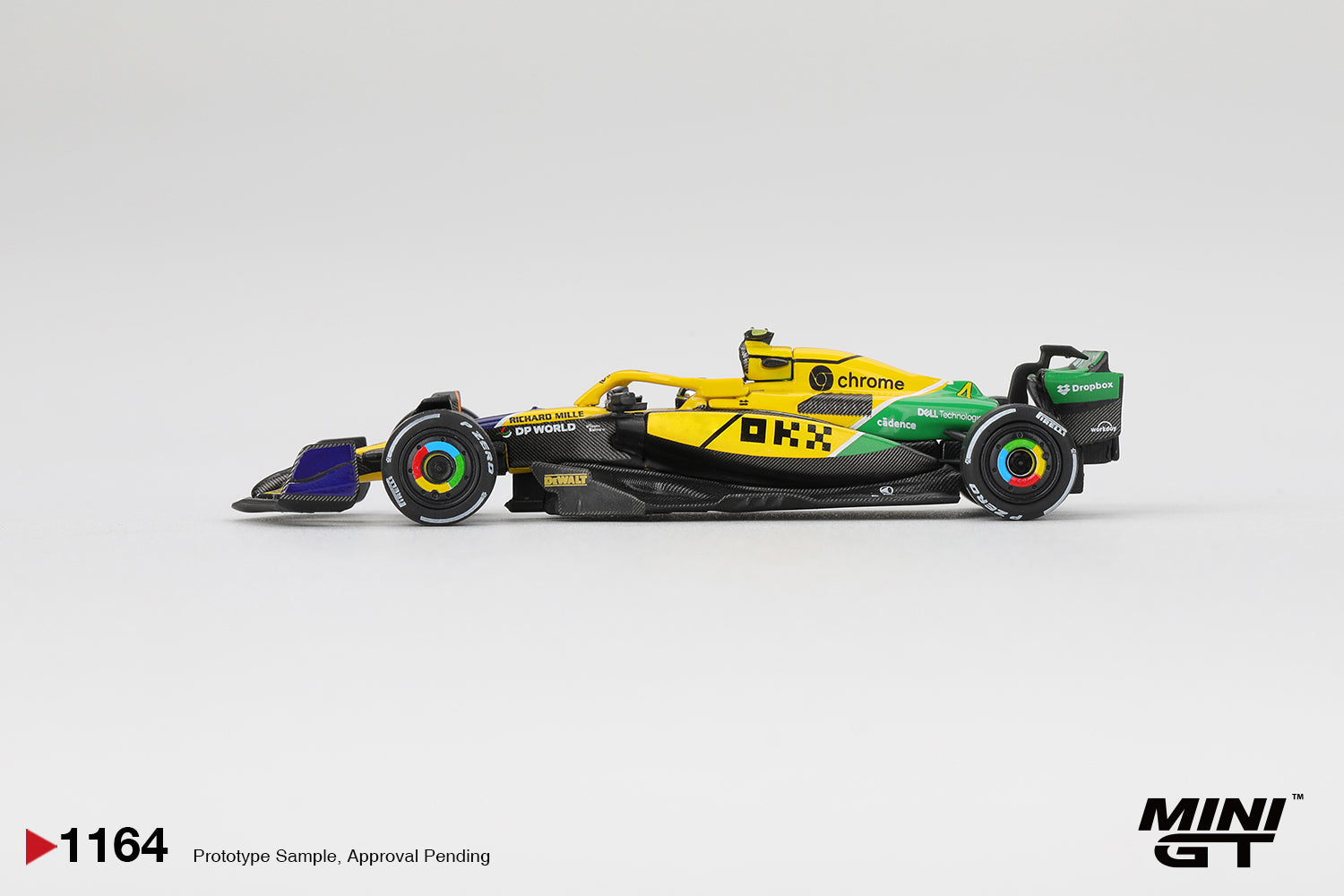 1:64 Mini GT McLaren MCL38 #4 Lando Norris Monaco GP 2024 – special livery die-cast F1 model. Side