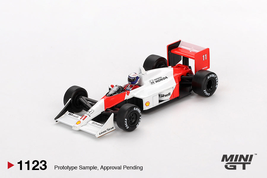 Mini GT McLaren MP4/4 #11 Alain Prost 1988 Japanese GP 1:64 diecast model. Front