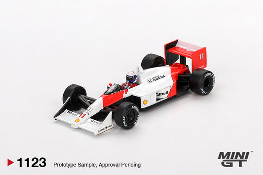 Mini GT McLaren MP4/4 #11 Alain Prost 1988 Japanese GP 1:64 diecast model. Front