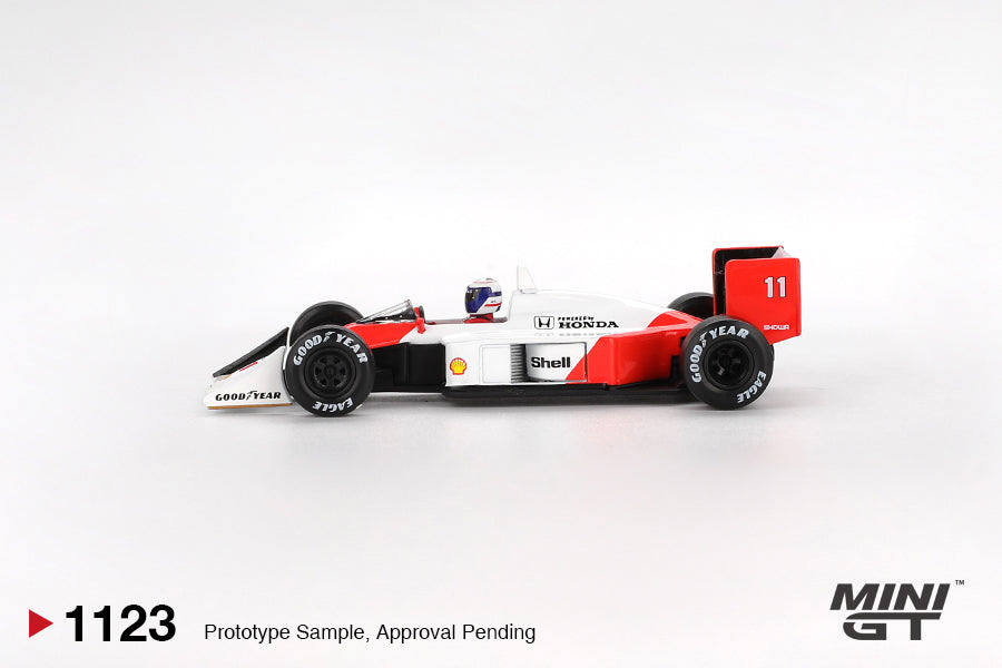 Mini GT McLaren MP4/4 #11 Alain Prost 1988 Japanese GP 1:64 diecast model. Side