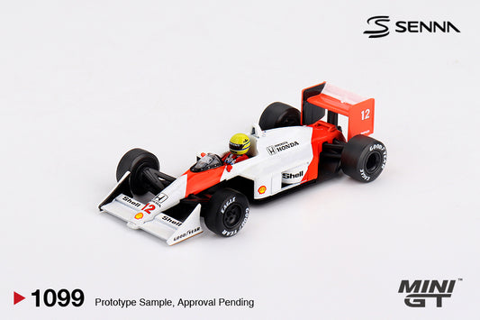 Mini GT 1:64 McLaren MP4/4 #12 Ayrton Senna 1988 Japanese GP Winner diecast model. Front