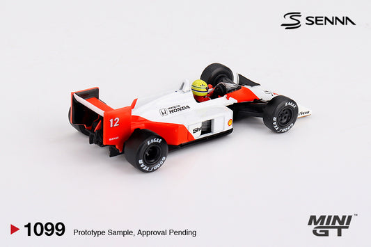 Mini GT 1:64 McLaren MP4/4 #12 Ayrton Senna 1988 Japanese GP Winner diecast model. Back