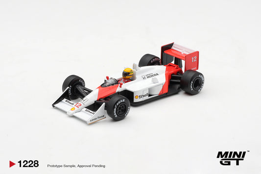 Mini GT McLaren MP4/4 #12 Ayrton Senna 1988 Canadian GP winner 1:64 diecast. Front