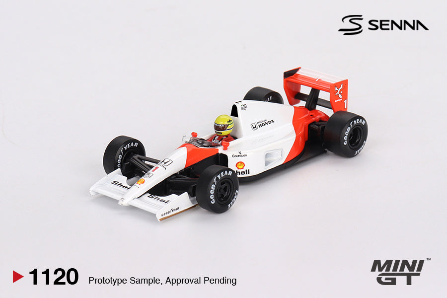 Mini GT 1:64 McLaren MP4/6 #1 Ayrton Senna 1991 Japanese GP 2nd Place diecast model. Front