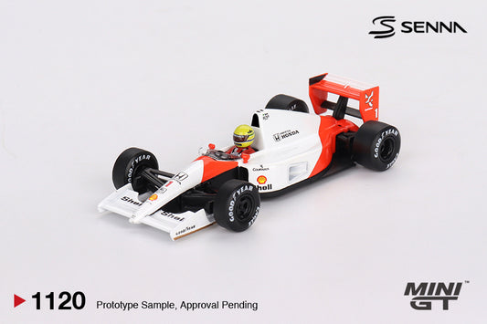 Mini GT 1:64 McLaren MP4/6 #1 Ayrton Senna 1991 Japanese GP 2nd Place diecast model. Front