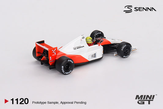 Mini GT 1:64 McLaren MP4/6 #1 Ayrton Senna 1991 Japanese GP 2nd Place diecast model. Back