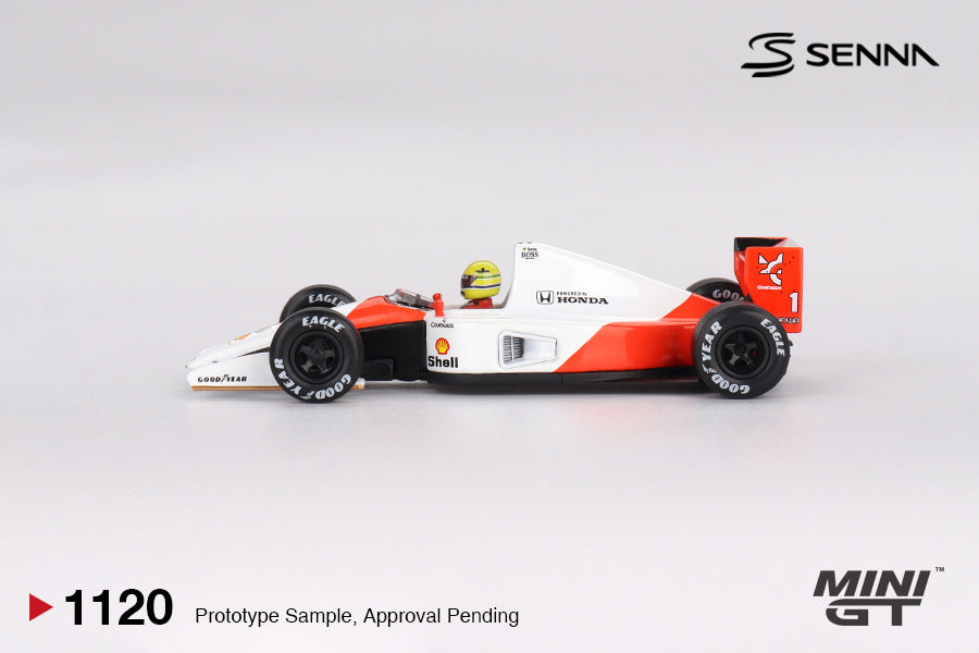 Mini GT 1:64 McLaren MP4/6 #1 Ayrton Senna 1991 Japanese GP 2nd Place diecast model. Side