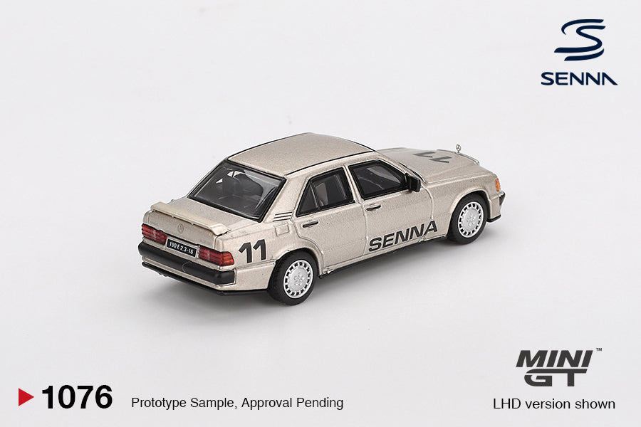 Mini GT Mercedes-Benz 190E 2.3-16 #11 with Ayrton Senna figure, commemorating the 1984 Nürburgring Race of Champions victory. Back