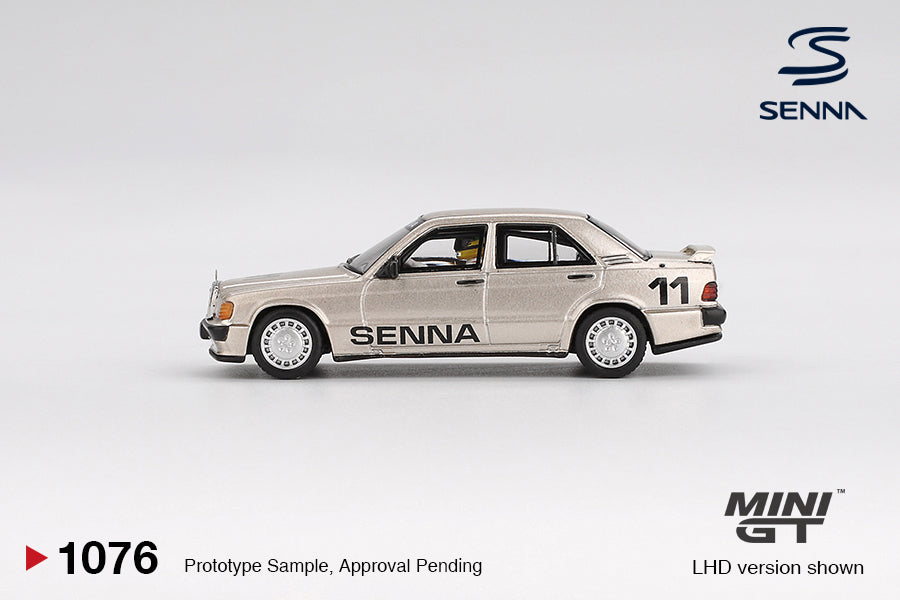 Mini GT Mercedes-Benz 190E 2.3-16 #11 with Ayrton Senna figure, commemorating the 1984 Nürburgring Race of Champions victory. Side