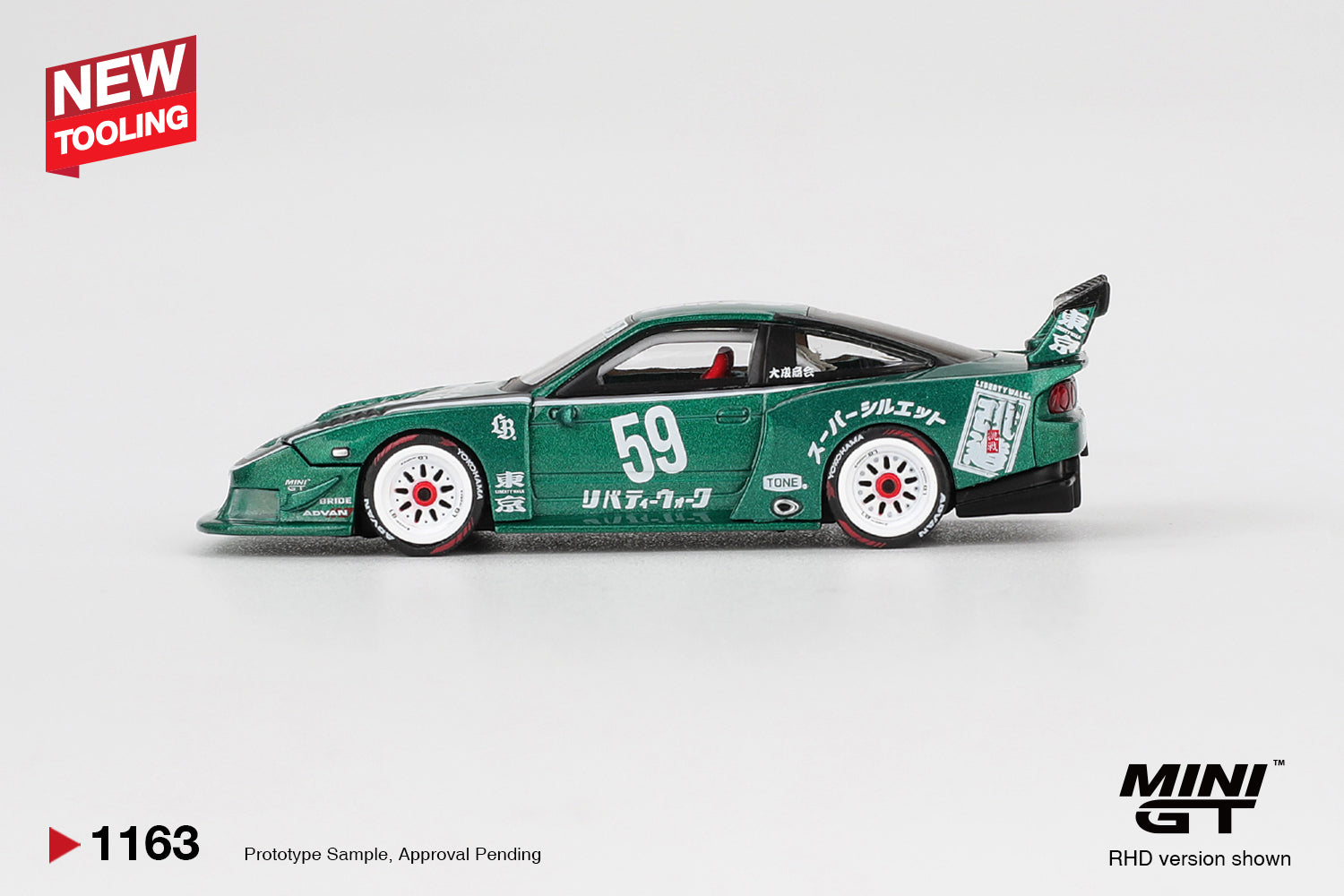 Mini GT 1:64 Nissan 180SX LB-Super Silhouette Tokyo Auto Salon 2026 diecast model. Side