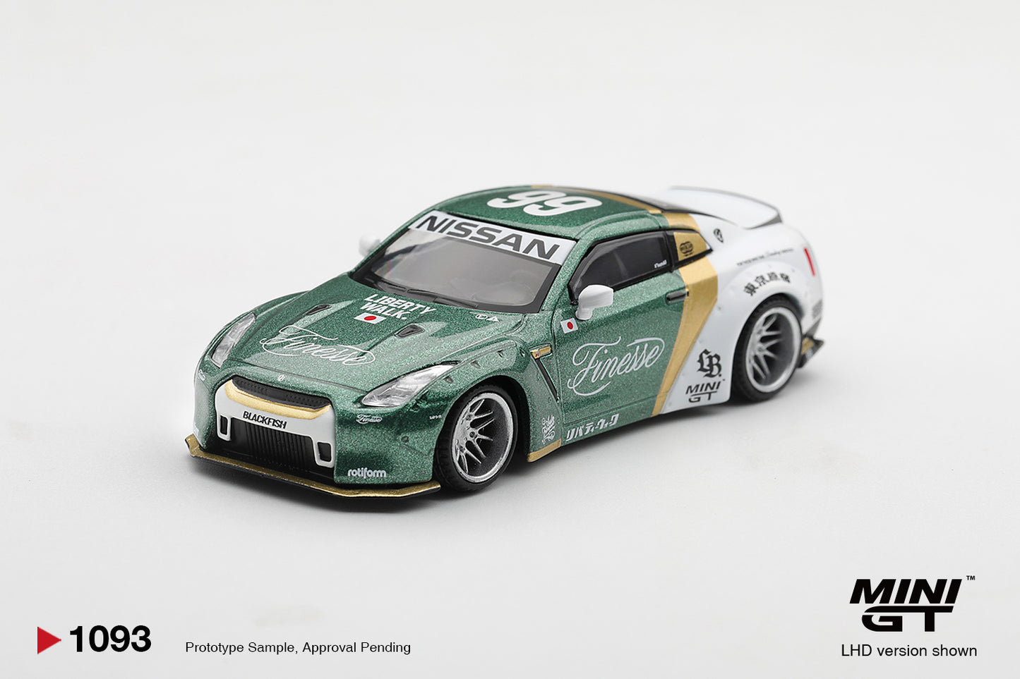 Mini GT 2025 Nissan GT-R R35 LB Works Type 1 with custom ducktail and Auto Finesse styling.