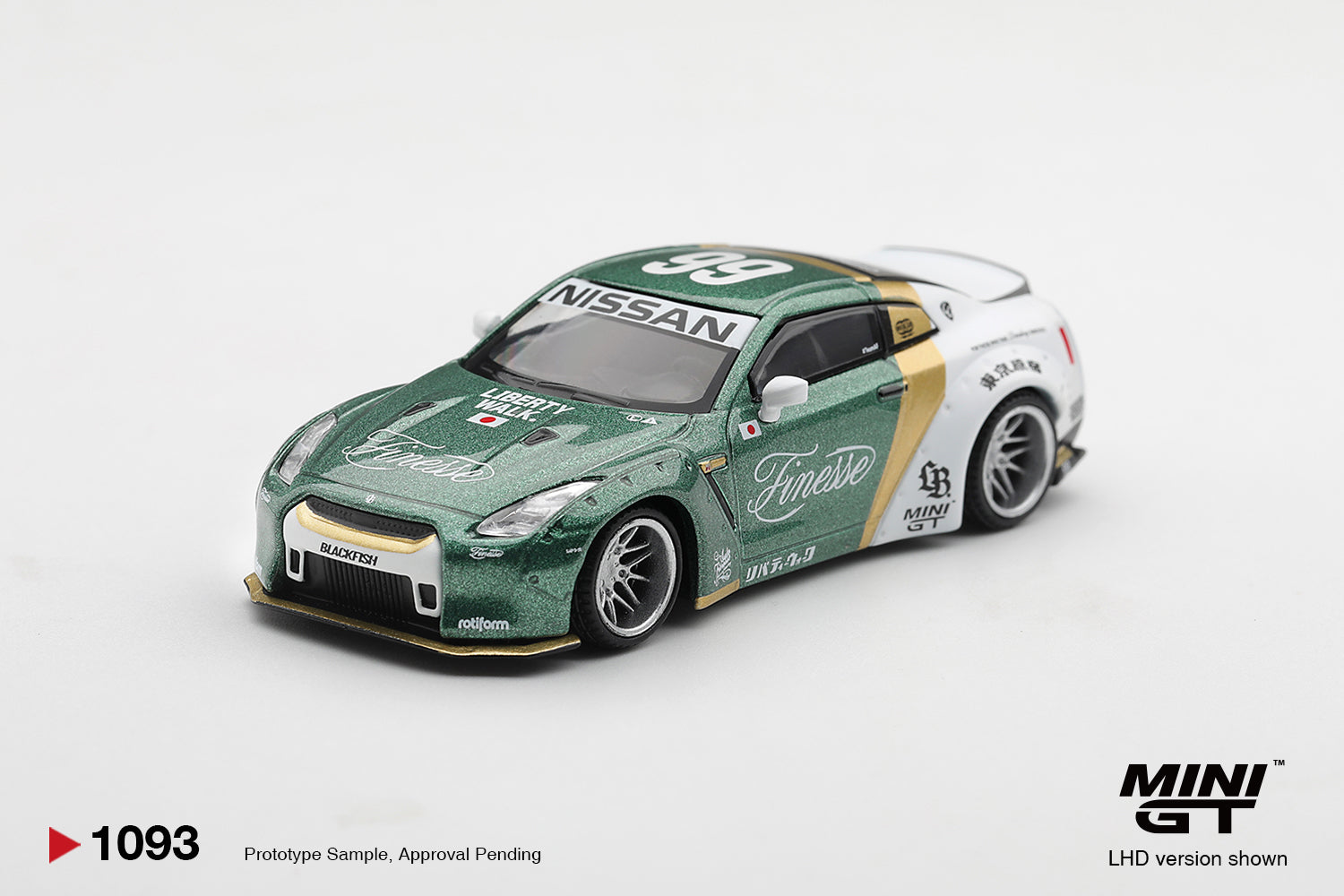 Mini GT 2025 Nissan GT-R R35 LB Works Type 1 with custom ducktail and Auto Finesse styling.