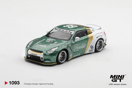 Mini GT 2025 Nissan GT-R R35 LB Works Type 1 with custom ducktail and Auto Finesse styling.
