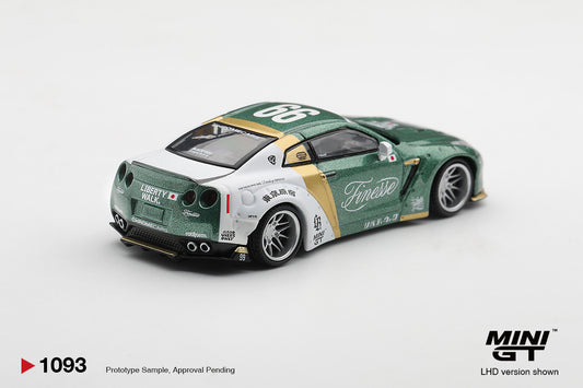 Mini GT 2025 Nissan GT-R R35 LB Works Type 1 with custom ducktail and Auto Finesse styling.