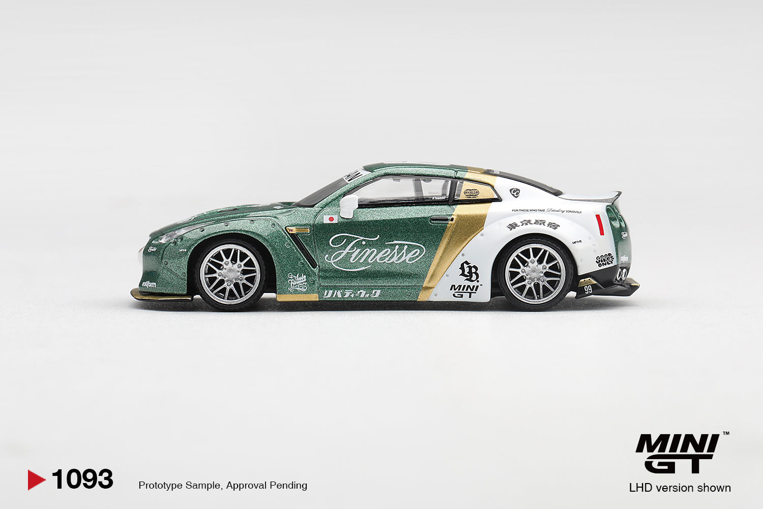 Mini GT 2025 Nissan GT-R R35 LB Works Type 1 with custom ducktail and Auto Finesse styling.