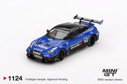 Mini GT Nissan GT-R R35 LB-Silhouette Works GT Blue 2025 1:64 diecast model. Front