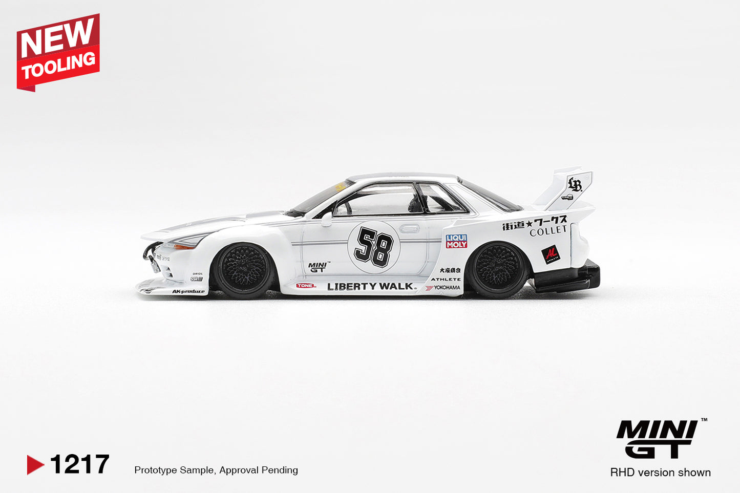 Mini GT 1:64 Nissan Skyline GT-R R32 LB Kaido Works TAS 2025 new tooling diecast model. Side