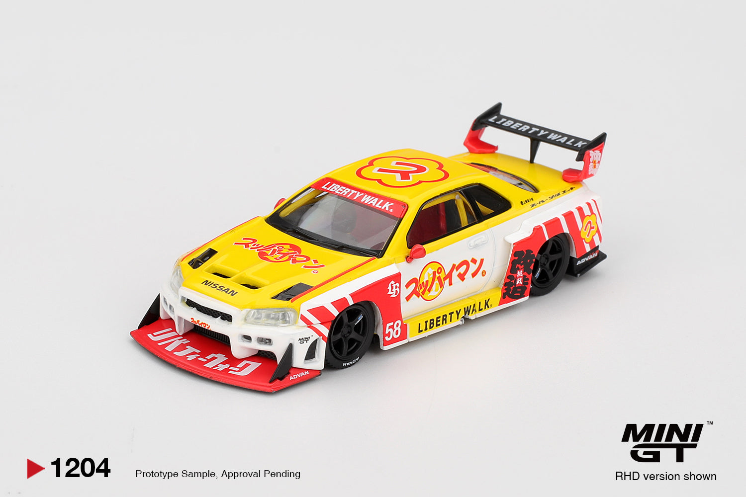 Mini GT 1:64 Nissan GT-R R34 Liberty Walk LB-Super Silhouette Skyline Suppaiman Okinawa 2025 livery model. Front