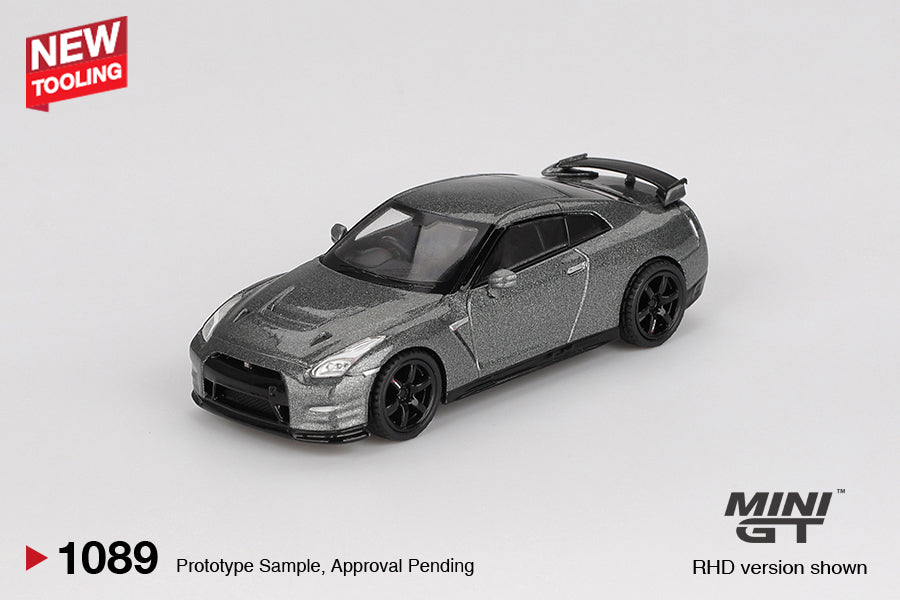 Mini GT 1:64 Nissan GT-R R35 CRS Version in Dark Metal Gray with performance detailing. Front