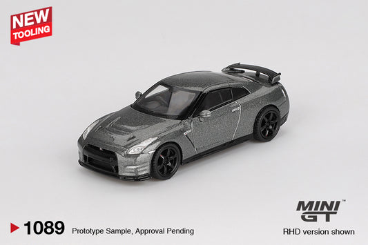 Mini GT 1:64 Nissan GT-R R35 CRS Version in Dark Metal Gray with performance detailing. Front