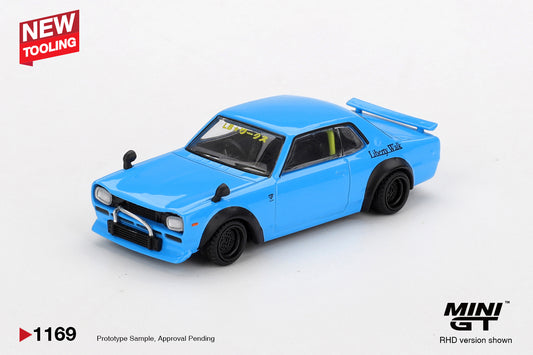Mini GT 1:64 Nissan Hakosuka LB★Works baby blue widebody Skyline model. Front