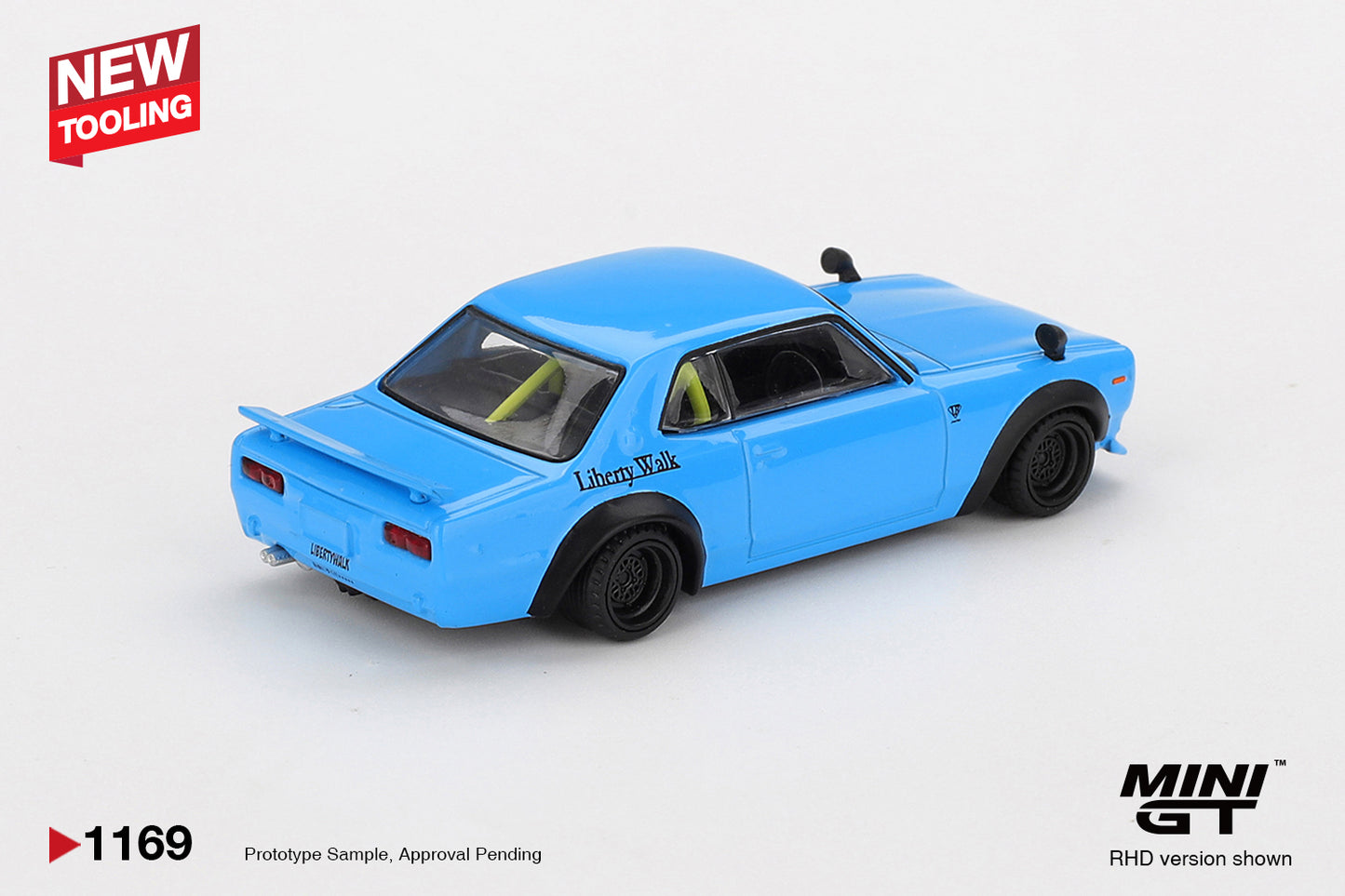 Mini GT 1:64 Nissan Hakosuka LB★Works baby blue widebody Skyline model. Back