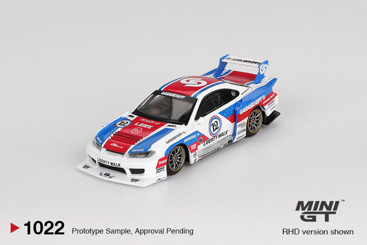 Mini GT Nissan Silvia S15 LB-Super Silhouette GaraSidrift X LBWK 2025 in widebody livery and collectible display box. Front