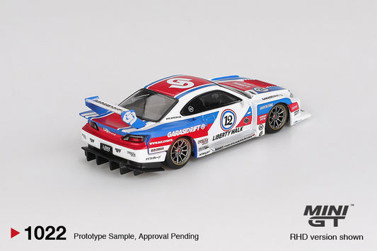 Mini GT Nissan Silvia S15 LB-Super Silhouette GaraSidrift X LBWK 2025 in widebody livery and collectible display box. Back