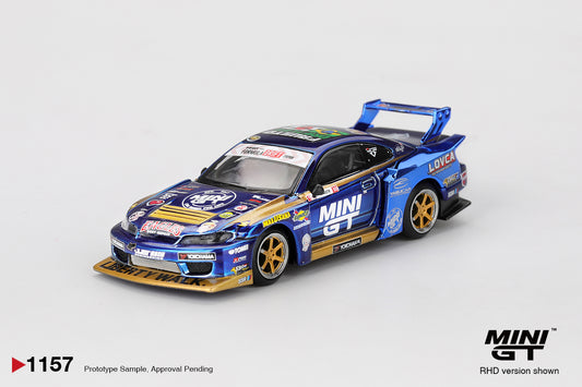 1:64 Mini GT Nissan Silvia S15 LB-Super Silhouette #555 Team Mini GT Liberty Walk Formula Drift 2025 – drift-spec die-cast model. Front