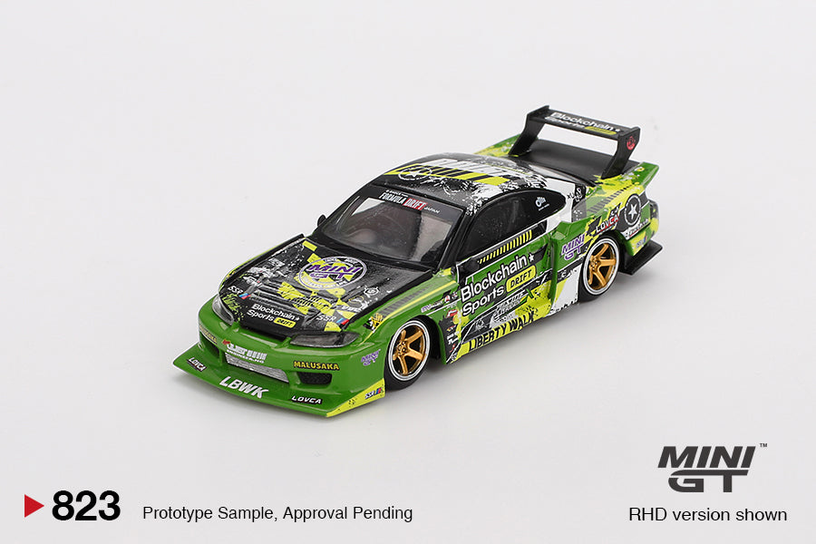 Mini GT 1:64 Nissan Silvia S15 LB-Super Silhouette #555 V2 Formula Drift Japan 2024 in detailed die-cast with Liberty Walk styling. Front