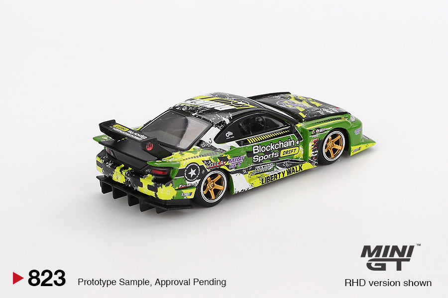 Mini GT 1:64 Nissan Silvia S15 LB-Super Silhouette #555 V2 Formula Drift Japan 2024 in detailed die-cast with Liberty Walk styling. Back
