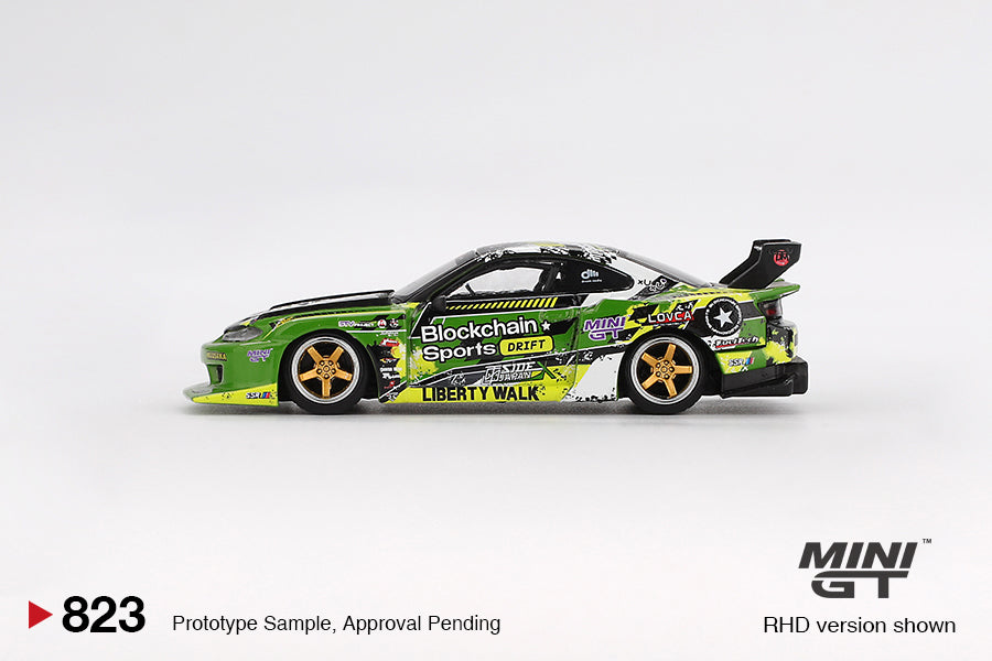 Mini GT 1:64 Nissan Silvia S15 LB-Super Silhouette #555 V2 Formula Drift Japan 2024 in detailed die-cast with Liberty Walk styling. Side