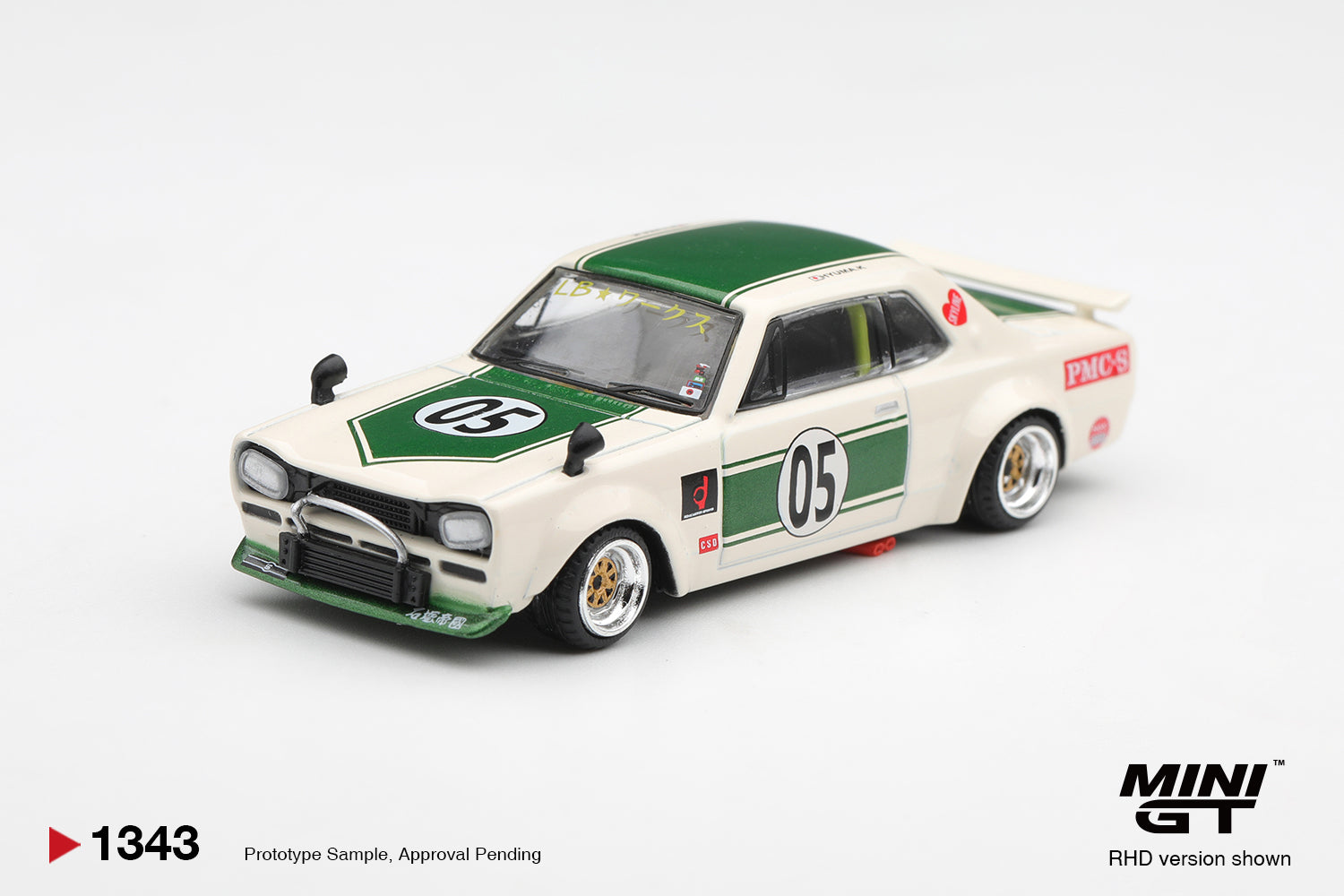 Mini GT Nissan Skyline GT-R Hakosuka LB-Works in white and green.