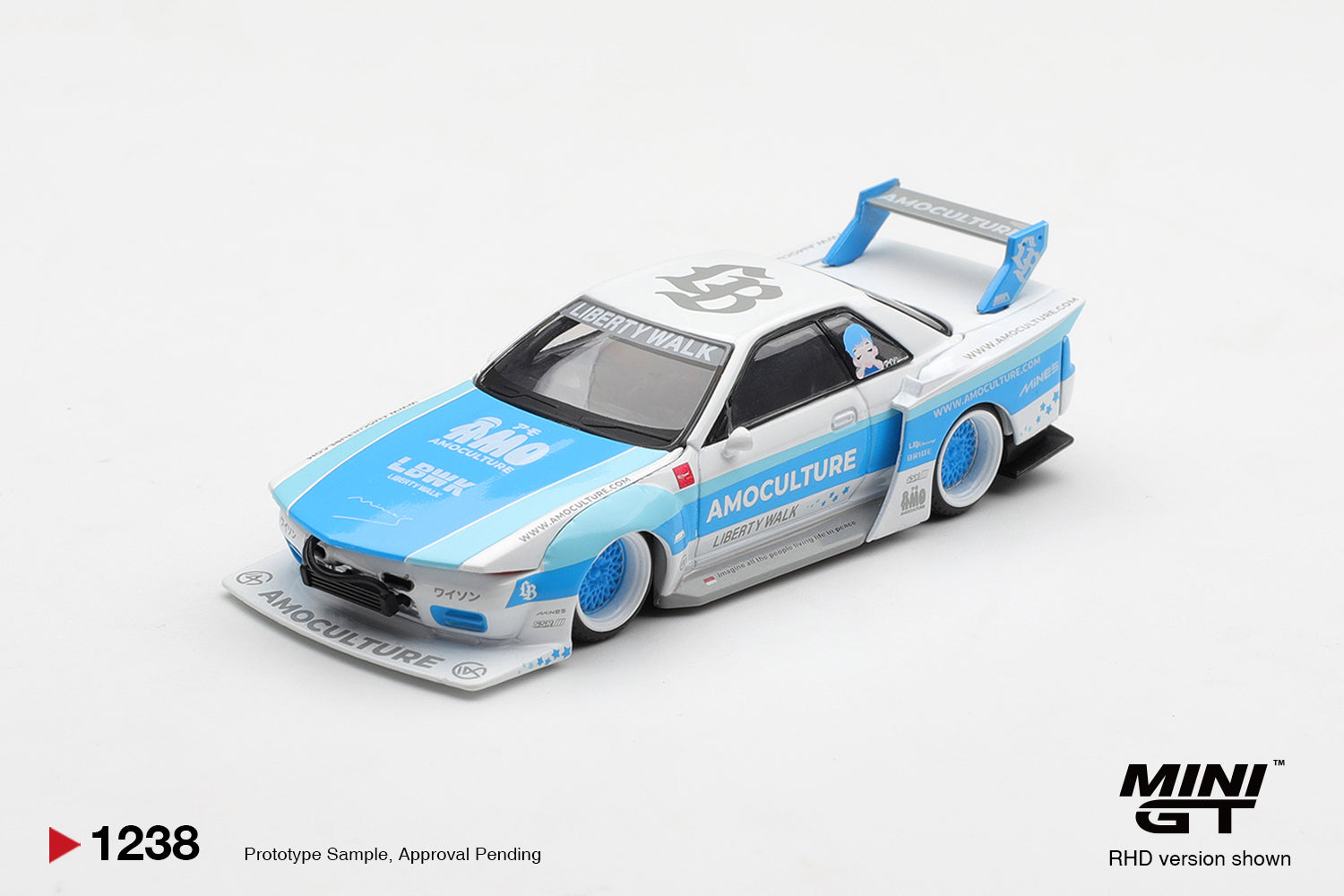 Mini GT Nissan Skyline R32 LBWK Kaido Works Amoculture 2026 1:64 diecast. Front