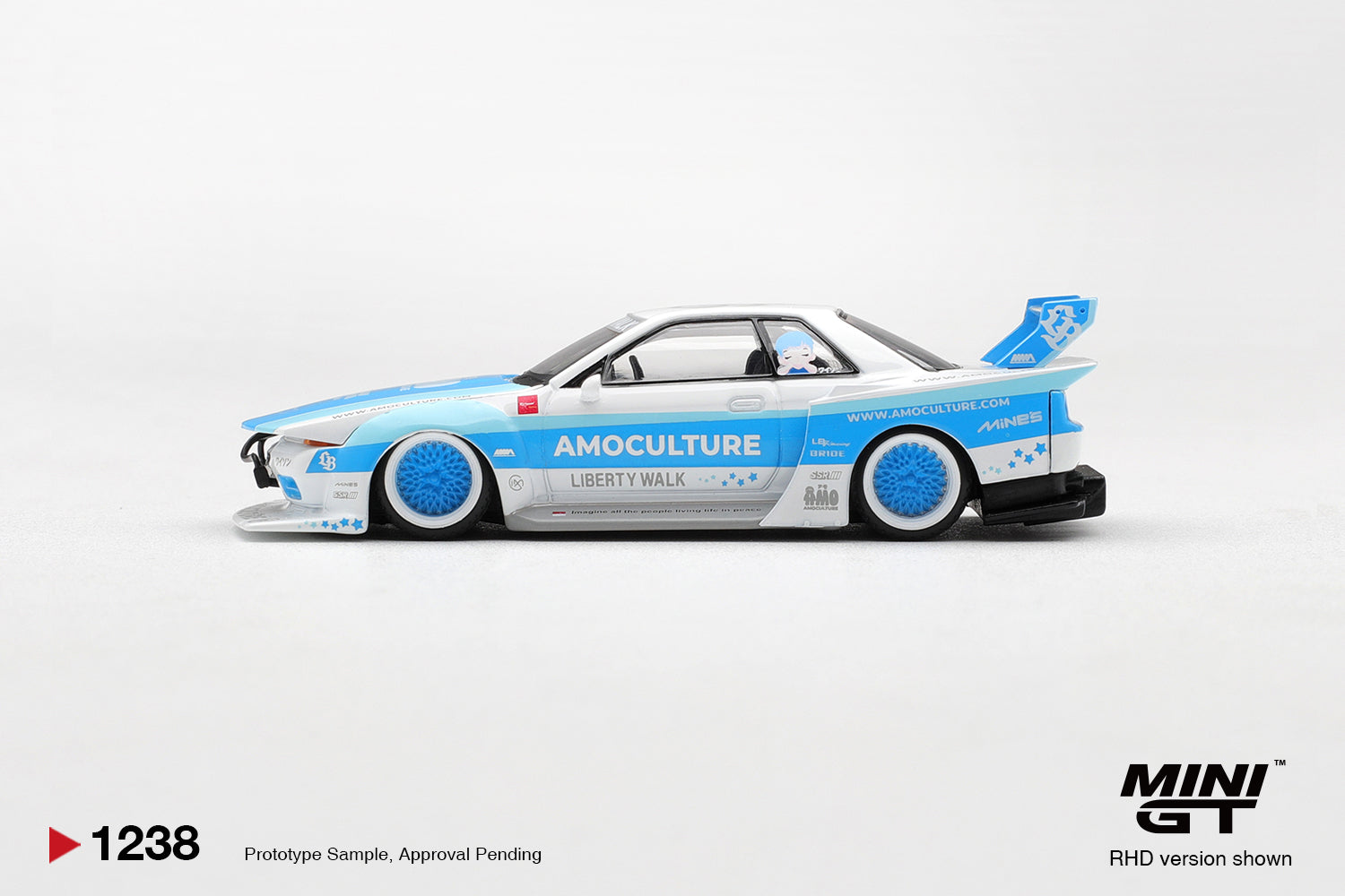 Mini GT Nissan Skyline R32 LBWK Kaido Works Amoculture 2026 1:64 diecast. Side