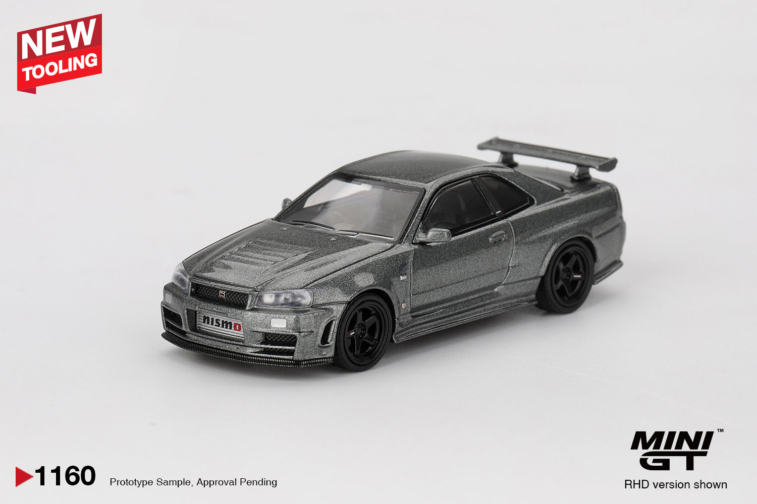 1:64 Mini GT Nissan Skyline GT-R (R34) Nismo CRS 1999 – Dark Metal Gray JDM die-cast model. Front