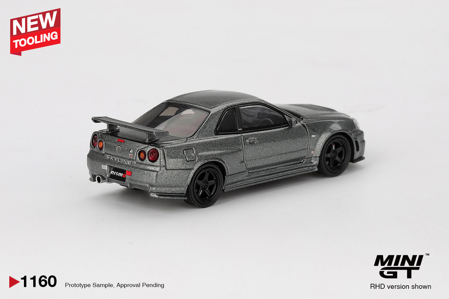 1:64 Mini GT Nissan Skyline GT-R (R34) Nismo CRS 1999 – Dark Metal Gray JDM die-cast model. Back