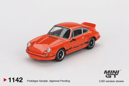 Mini GT 1:64 Porsche 911 Carrera RS 2.7 1973 in Tangerine with ducktail spoiler and period-correct wheels. Front