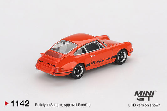 Mini GT 1:64 Porsche 911 Carrera RS 2.7 1973 in Tangerine with ducktail spoiler and period-correct wheels. Back