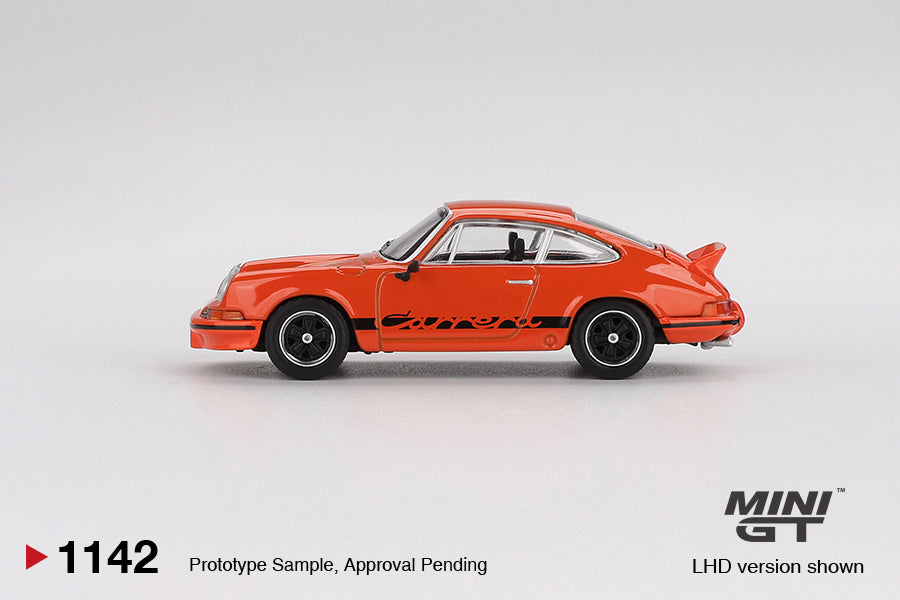 Mini GT 1:64 Porsche 911 Carrera RS 2.7 1973 in Tangerine with ducktail spoiler and period-correct wheels. Side