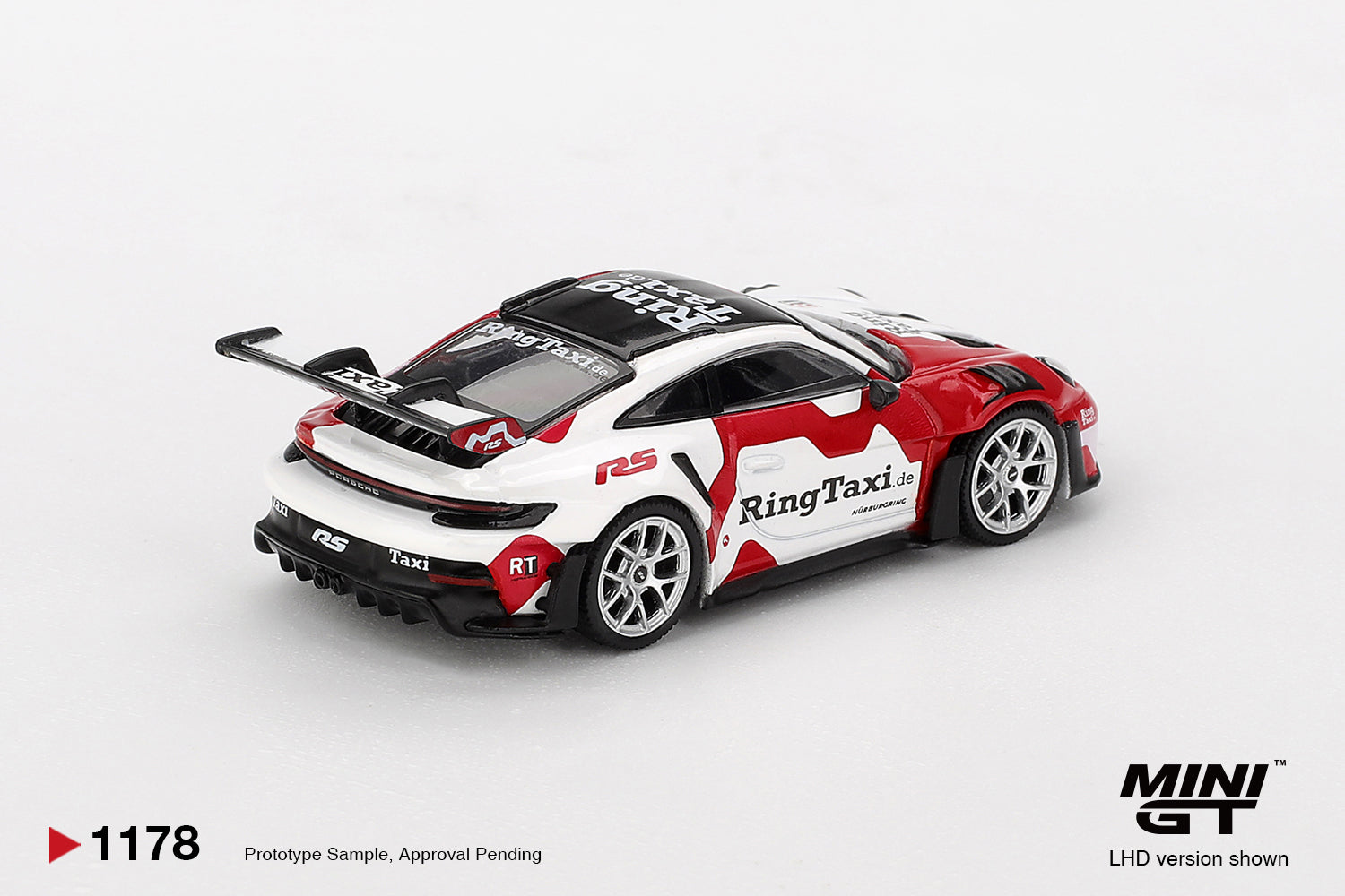 Mini GT 1:64 Porsche 911 (992) GT3 RS Weissach Ring Taxi 2025 track-focused model. Back